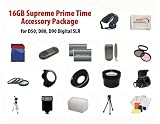 16GB Supreme Prime Time Acessory Package For The Nikon D50 D80 D90 Kit Includes 16Gb High Speed Memory Card, 2 Extended Life Batteries, Rapid AC/DC Charger, Digital Flash, Professional Wide Angle Lens, 2X Telephoto Lens, Filter Kit, 4 Piece Close Up Lens Kit, Flower Lens Hood, Deluxe Carrying Case, 72 Inch Professional tripod, Professional SLR Hand Strap, Flash Diffuser, + More All Lenses Will Attach to Any of the Following Nikon Lenses (18-200mm, 24-120mm, 135mm, 180mm, 24-85mm)