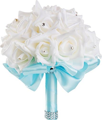 Handmade Light Blue Wedding Bouquet by WorldofWeddings - Artificial White Foam Rose Bridal Bouquet for Weddings