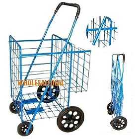 Blue Folding Shopping Cart with Double Basket- Jumbo size 150 lb capacity Blue