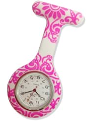 JAS Unisex Nurses Lapel Watch Silicone (Infection Control) Pink Brocade