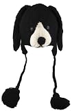 DeLux Floppy Black Dog Face Wool Pilot Animal Cap/Hat with Ear Flaps and Poms
