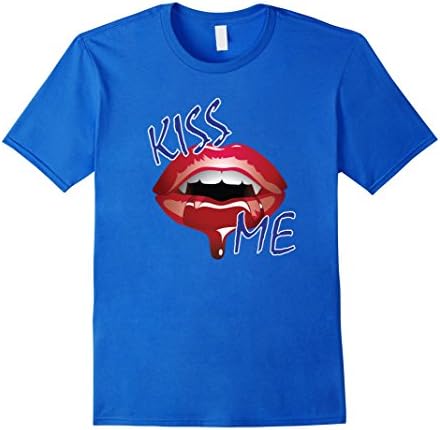 Men's Kiss Me Bloody Red Lips and Vampire Fangs T Shirt (B174) Medium Royal Blue