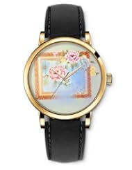 SPRAWL Aanalog Fashion Series Gold Ladies Watches of Genuine Black Leather Strap,Unique Wrist Watch for Women Girls Designed with Flower frame 3D