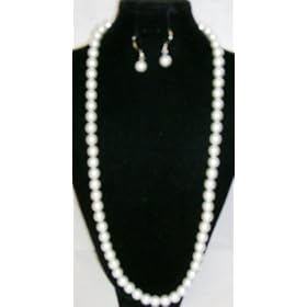 Click here to buy One Strand Faux White Pearls Short Chain on Silver Necklace Earrings for Women and Teens by Gita.