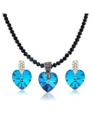 Swarovski Elements Crystals Ocean Deep Blue Heart Set - Black Chain Pendant Necklace and Earrings - Xmas Gift Present with Gift Box