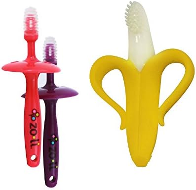 Baby Dental Bundle: Baby Banana Bendable Infant Toothbrush (with Handle) + Zo-li Gummy Stick Baby Gum Massagers (Pink &amp; Purple)
