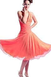 A-line V-neck Chiffon Halter Lace Knee Length Dropped   Waistline Bridesmaid Dress 