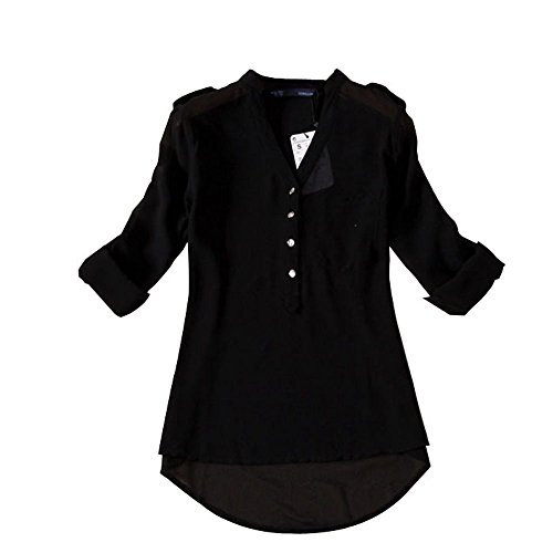 Coromose Women V-neck Chiffon Long Sleeve Shirt Blouse (M, Black)