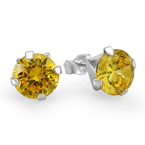 Citrine Simulated Round Cut Diamond Yellow Cubic Zirconia CZ Sterling Silver 8 mm Stud Earrings
