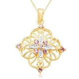 10k Yellow Gold Round Created Pink Sapphire and Diamond Flower Pendant, 18