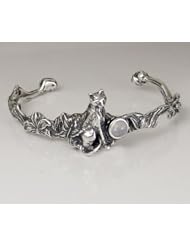 An Adorable Little Kitty Cat Cuff Bracelet Accented with a Genuine Rainbow Moonstone