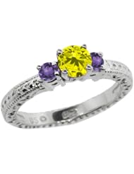 0.75 Ct Round Canary Diamond Purple Amethyst 14K White Gold 3-Stone Ring
