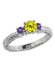 0.75 Ct Round Canary Diamond Purple Amethyst 18K White Gold 3-Stone Ring