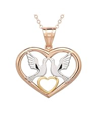 14k Sterling Silver and Bronze Tri-Metal Heart with Doves Pendant Necklace, 18"