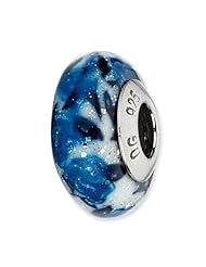 Sterling Silver Reflections Blue Rose Glitter Overlay Glass Bead