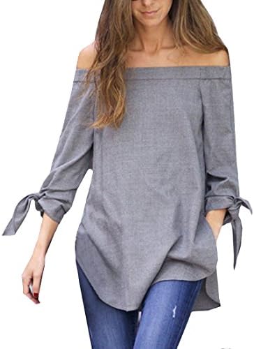 Ubling Women Loose Fit Retro Shoulder Off Knotted Blouse Top M Grey