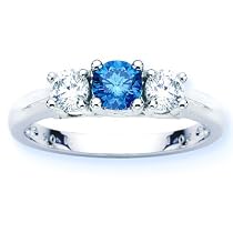 14K Gold Round 3 Stone Blue Diamond & White Diamond Ring (0.90 ctw)
