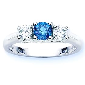 14K White Gold Round 3 Stone Blue Diamond and White Diamond Ring (0.80 ctw) by DivaDiamonds