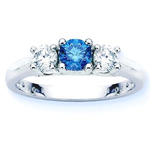 14K White Gold Round 3 Stone Blue Diamond and White Diamond Wedding Band (1 cttw)