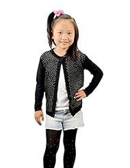 Apparel: Girl Long Sleeve Round Neck Diamond Open Cardigan(black,8)