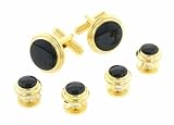 JJ Weston gold plated and black enamel step down bezel cufflinks and shirt stud formal set with presentation box. Made in the USA