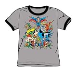 The Justice League Assemble Adult Ringer S/S T-shirt in Heather/Black by DC Comics