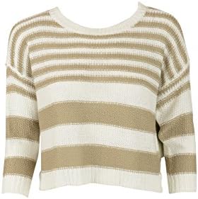 RD Style Womens Taupe White Striped 3/4 Sleeve Cropped Sweater M