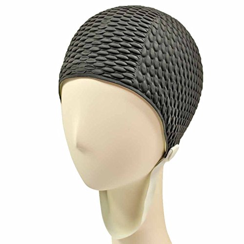 Retro Bubble Crepe Swim Bathing Cap with Chin Strap Black Sporting Goods Water Sports Swimming