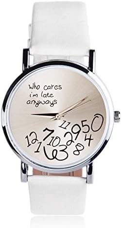 Sanheshun Women's PU Leather Wristwatch Who Cares I'm Late Anyways Letter Quartz Watch White