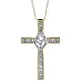 10ct Gold 18 Thin Chain & 7/8 (23mm) tall Heart on Cross Pendant, w/ 0.13 Carat Brilliant Cut Diamonds