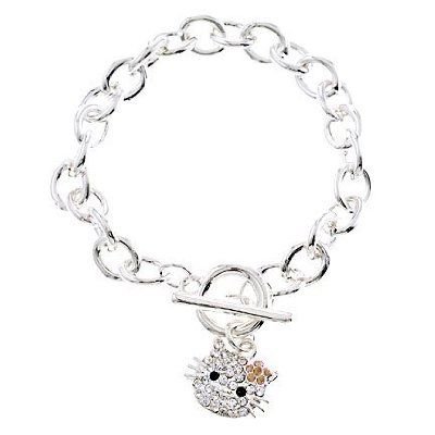 Rhodium Plated Champagne CZ Diamond Hello Kitty Charm Bracelet