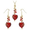 Hand-Blown Red Glass Striped Heart w/ 18k Gold Overlay Sterling Silver and Red Glass Bead-Top Necklace and Earrings Set, 18"