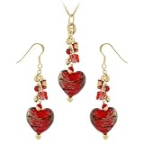 Hand-Blown Red Glass Striped Heart w/ 18k Gold Overlay Sterling Silver and Red Glass Bead-Top Necklace and Earrings Set, 18
