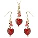 Hand-Blown Red Glass Striped Heart w/ 18k Gold Overlay Sterling Silver and Red Glass Bead-Top Necklace and Earrings Set, 18"