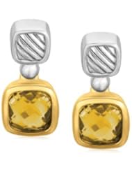 18K Yellow Gold and Sterling Silver Earrings with Bezel Set Cushion Cut Citrines