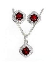 Beautiful Garnet Stud Earrings and Pendant .925 Sterling Silver Rhodium Finish White Gold Quality