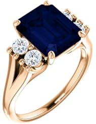 14K Rose Gold 10.00x8.00mm Emerald Cut Chatham Created Sapphire and Diamond Ring -- LIFETIME WARRANTY