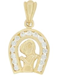 14k Yellow Gold, Small Size Horse Shoe Design Praying Girl Religious Pendant Charm Communion Confirmation