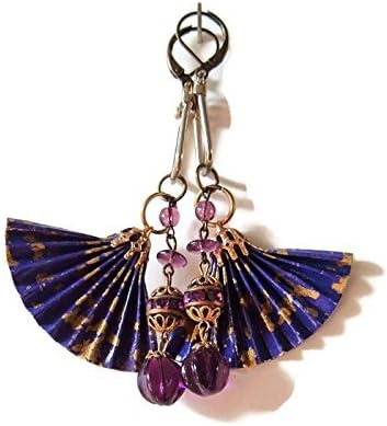 Purple Fans recycled glass bead and paper dangler earrings