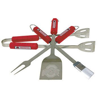 Ohio State Buckeyes 4 piece BBQ (Barbecue) Set - Spatula/Tongs/Fork/Basting Brush - NCAA College Athletics Fan Shop Sports Team Merchandise