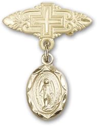 14K Gold Baby Badge with Miraculous Charm and Badge Pin with Cross