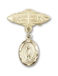 14kt Gold Baby Badge with Miraculous Charm and Badge Pin with Cross