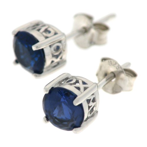 Sterling Silver 6mm Round Simulated Sapphire Stud Earrings by Charles Winston