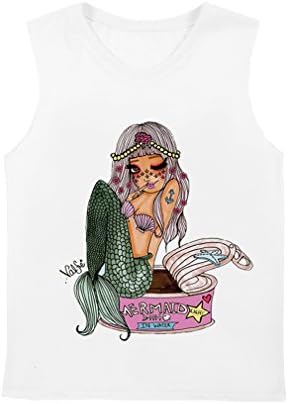 Groupstars Women Mermaid Basic Cotton No Sleeves Solid Crew-Neck T-shirts