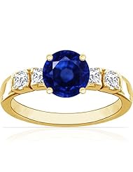 14K Yellow Gold Round Cut Blue Sapphire Ring With Sidestones (GIA Certificate)