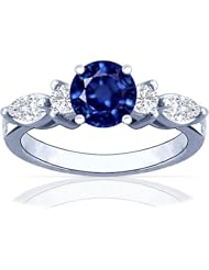 18K White Gold Round Cut Blue Sapphire Ring With Sidestones