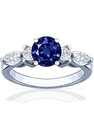 14K White Gold Round Cut Blue Sapphire Ring With Sidestones