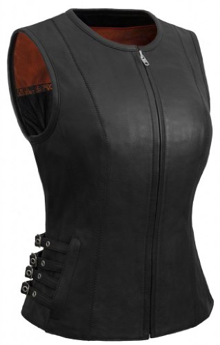 True Element Womens Side Buckled Zip Front Motorcycle Leather Vest (Black, Size S)