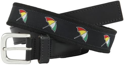 Arnold Palmer Black Leather Tab Belt with Arnie Umbrella on Canvas Size 38