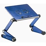 Pwr+ Adjustable Laptop Table Notebook Computer Desk Portable Bed Tray Book Stand with 2x Fans and Heat Sink Aluminum Top for Accelerated Cooling Pad Ergonomic Design - Up to 17" - Matte Blue Fans